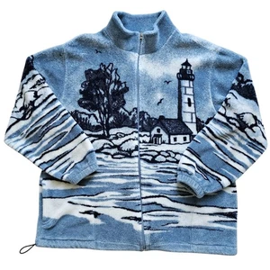 Vtg 90s Art Unlimited Tapestry Graphic Lighthouse Fleece Zip Jacket Coastal Sea - Picture 1 of 14