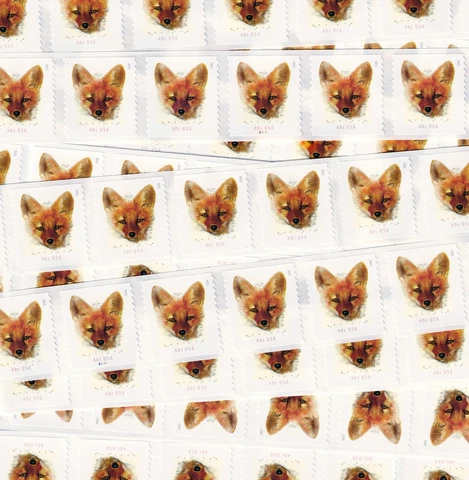 US # 5743 RED FOX 40c (2023) - Flat Strip of 100 Stamps from Coil w Center PNC#s Cover