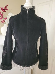 L.L. Bean Black Faux Suede Sherpa Zip Up Jacket Coat Embroidered Sz.S Regular - Picture 1 of 12