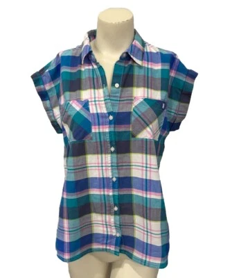 Tommy Hilfiger Plaid Shirt Women’s M Short Sleeve Button Down Multicolor Cotton - Image 1 of 4