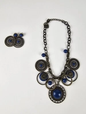 Premier Designs Indigo Blue Antiqued Brass Chunky Charm Hippie Necklace Earrings - Image 1 of 4