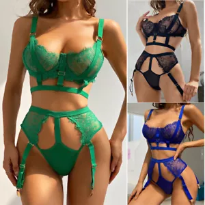 Women Sexy Eyelash Lingerie Babydoll Underwire Bra Panty Set with Garter Belt - Picture 1 of 29