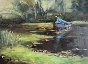 HELEN TARR ORIGINAL "The Monet Pond Patchings" nottinghamshire boat OIL PAINTING - Picture 1 of 2