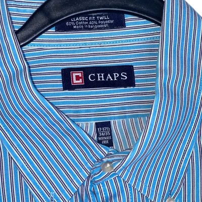 Chaps Dress Shirt Wrinkle Free Blue Striped Classic Fit Twill 17-17.5 34/35 - Image 1 of 4