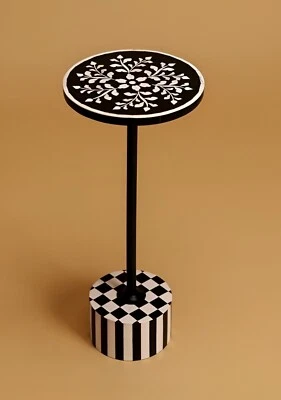 Black White Floral Drink Table – Handmade Round Accent Table – Side Table - Image 1 of 4