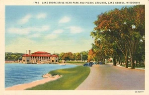 Postal de autos antiguos Lake Shore Drive Park Lake Geneva Wisconsin WI - Imagen 1 de 2