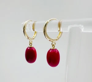 Estate 14K Yellow Gold Natural Red Coral Drop Dangle Huggie Mini Hoop Earrings - Picture 1 of 18