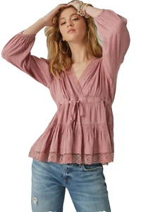 Lucky Brand Women's Nostalgia Rose 3/4-Sleeve Babydoll Lace Trim Top Size Small - Picture 1 of 8