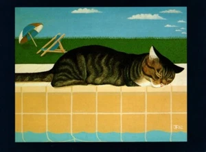 Tabby Katze am Pool Joan Freestone nicht verschickte Postkarte von der bemalten Katze - Bild 1 von 2