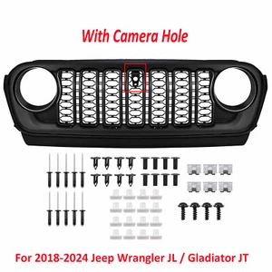 Front Bumper Grill w/Camera Hole For 2018-2024 Jeep Wrangler JL / Gladiator JT - Picture 1 of 16