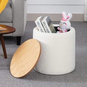 Round Pouf Footstool Beige Storage Ottoman With Wooden Lid Tufted Boucle Fabric - Picture 1 of 9