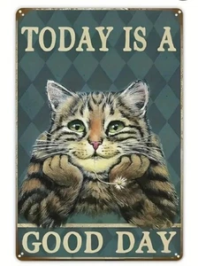 Vintage Metal Cat Sign 8x12 “Today Is A Good Day” Funny Tabby Wall Art Home Deco - Picture 1 of 10