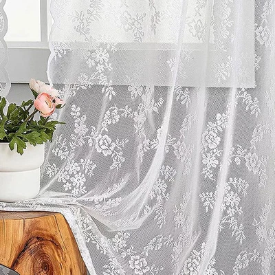 Cortina de encaje transparente bordada vintage blanca de 2 paneles decoración de dormitorio Foto 1 de 4