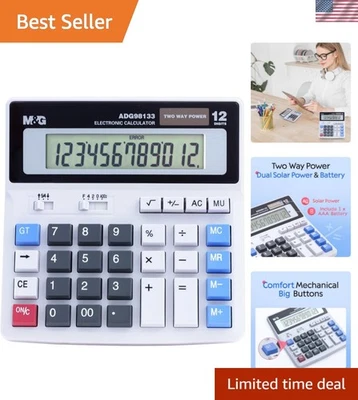 Dual Solar & Battery-Powered 12-Digit Calculator with Large LCD & Big Buttons - Image 1 of 4