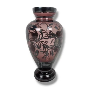 Vintage Amethyst mundgeblasene Glas Vase Floral Silber Überfang 5,5" lila Blumen - Bild 1 von 12