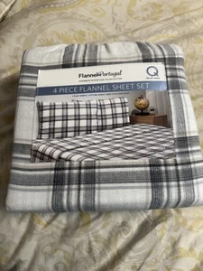 Flannel From Portugal Winter Check Flannel Sheet Set 4 Piece Queen 100% Cotton - Picture 1 of 4