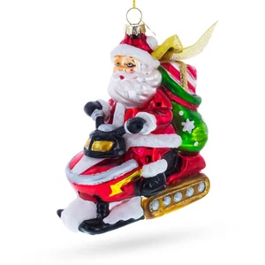 Santa on Snowmobile Blown Glass Christmas Ornament - Picture 1 of 5