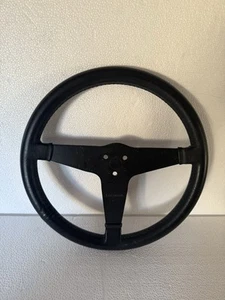 VINTAGE LECARRA 14" ALL BLACK STEERING WHEEL LEATHER 3 SPOKE DESIGN CAR - Picture 1 of 11