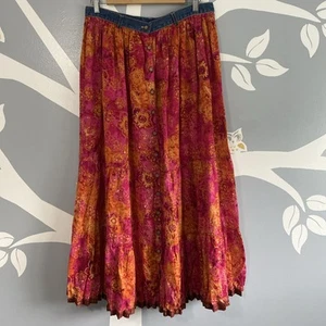 90s Vintage High Waisted Long Flowy Floral Boho Button Front Maxi Skirt Size 14 - Picture 1 of 6