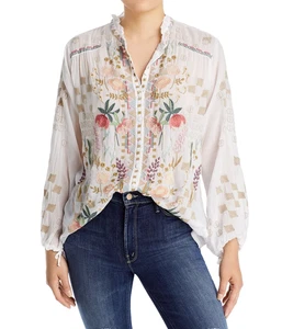 $285 Johnny Was Brielle Blusa Floral Bordada Camisa Abotonada Blanca Talla XL ~NUEVA CON ETIQUETAS - Imagen 1 de 4