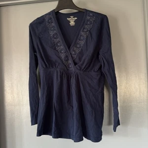 Faded Glory Damen L Navy Babydoll Bestickt Perlen Pullover Oberteil Langarm - Bild 1 von 6