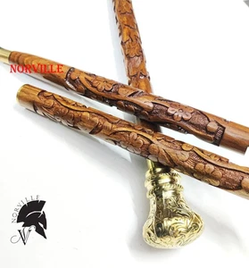 Vintage Fancy Hand Carved Walking Stick Wooden Cane Victorian Brass Handle - Picture 1 of 8