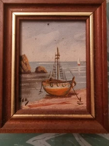 Kleines Gemälde Bild. Meer. Boot Schiff. Strand. Rahmen. Leinwand - Bild 1 von 3