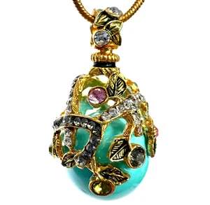 Sterling Silver Turquoise Faberge Egg Pendant Swarovski Crystals Enamel Gold - Picture 1 of 14