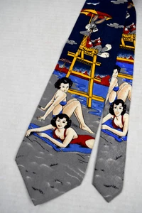 Neck Tie VTG Looney Tunes 90s Bugs Bunny Beach Lifeguard Silk 55" x 3.85" c.1992 - Picture 1 of 6