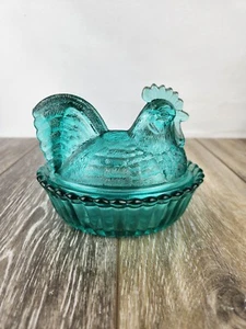 Teal Blue Glass Rooster on Basket "Hen on Nest" Trinket or Candy Dish 5.5" - Picture 1 of 7