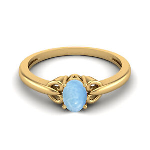 14k Yellow Gold 6x4MM Oval Shape Larimar Gemstone Solitaire Women Promise Ring