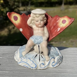 Antique Victorian Porcelain Whimsy Cherub Baby Riding Moth Figurine 19th C. - Picture 1 of 17