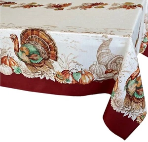 Printed Fabric Tablecloth, 60"x102" Oblong, THANKSGIVING DAY,PLYMOUTH TURKEY, NB - Picture 1 of 19