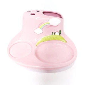 Vtg Bathroom Pink Toothbrush Toothpaste Soap Cup Holder One Piece Ceramic Clouds - Picture 1 of 14