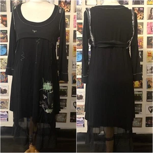 Vintage 90's Y2K French archive black mesh midi dress graphics straps - Picture 1 of 12