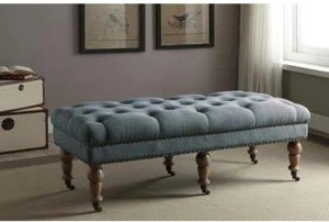 Chic Home Bedroom Blue Linen Washed Nailhead Upholstered Wooden Soft Bench Seat - Picture 1 of 3
