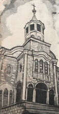 Vintage cityscape church print signed