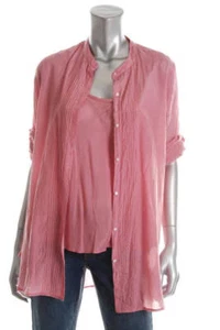 New PURE DKNY Women 2 Piece Shirt Camisole Blouse Pintuck Top Long Sleeve Sz S - Picture 1 of 2