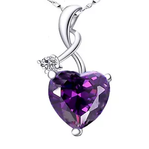 Sterling Silver Simulated Amethyst Heart Pendant Necklace Gift for Her - Picture 1 of 6