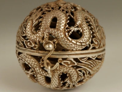 China Old Tibet Silver Copper Hand Carved Dragon Phoenix Statue Incense Burner - Image 1 of 4