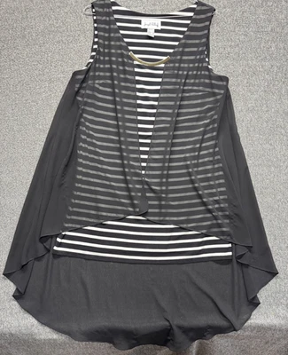 Joseph Ribkoff Top Women 14 Black White Stripe Tank Sheer Layer Gold Metal - Image 1 of 4
