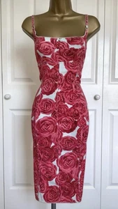 Vintage UK 12 Karen Millen Red Roses Lightweight Bodycon Dress - Picture 1 of 7