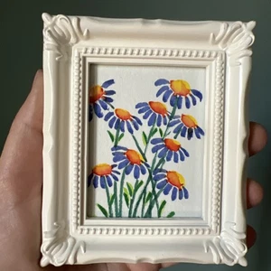 Flores de margaritas azules, acuarela original, pintura en miniatura, pequeña, mini, enmarcada - Imagen 1 de 7