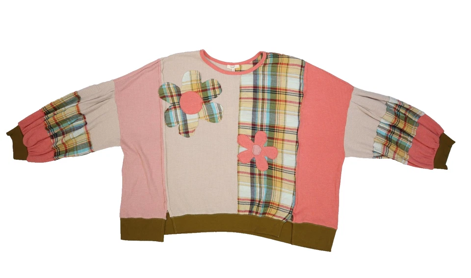 Suéter cavalete feminino 3X rosa bege xadrez waffle malha patchwork flor pulôver - Imagem 1 de 4