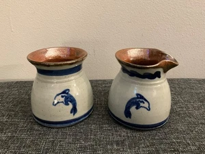 Vintage Salt Glaze Cobalt Dolphin Signed Pottery Sugar & Creamer With Spout 4" - Picture 1 of 4