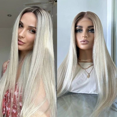 Парики Ombre платиновые светлые полностью кружевные спереди прямые 100% человеческие волосы - Изображение 1 из 4