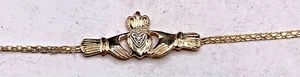 Brand New 14kt Solid Gold Dia Heart Claddaugh #743Y Anklet 10" - Picture 1 of 4