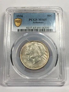 1936 ARKANSAS COMMEMORATIVE SILVER HALF DOLLAR PCGS MS65 7EFA25 - Picture 1 of 4