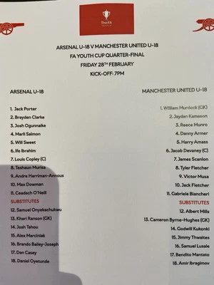 Arsenal v Manchester United FA Youth Cup Teamsheet - 28th February 2025 - Image 1 of 3