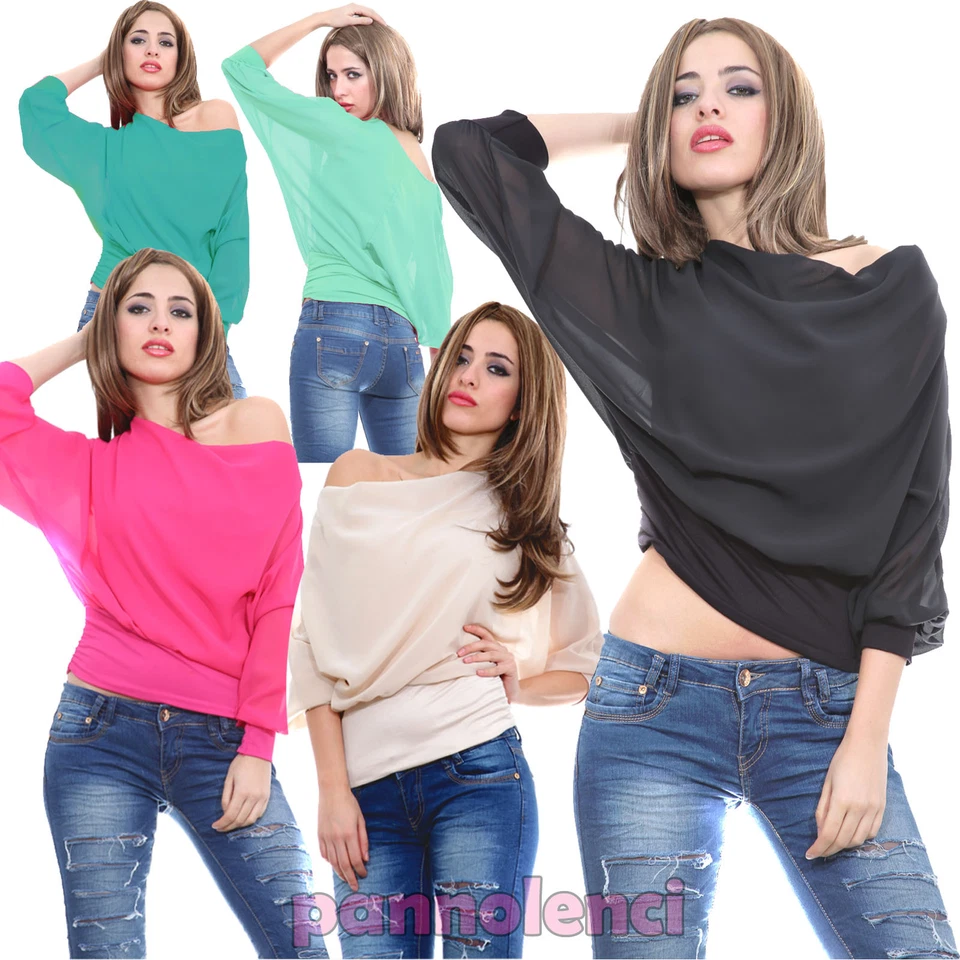 Maglietta maglia blusa donna velata scollo barchetta carmen CC-202 - Immagine 1 di 1